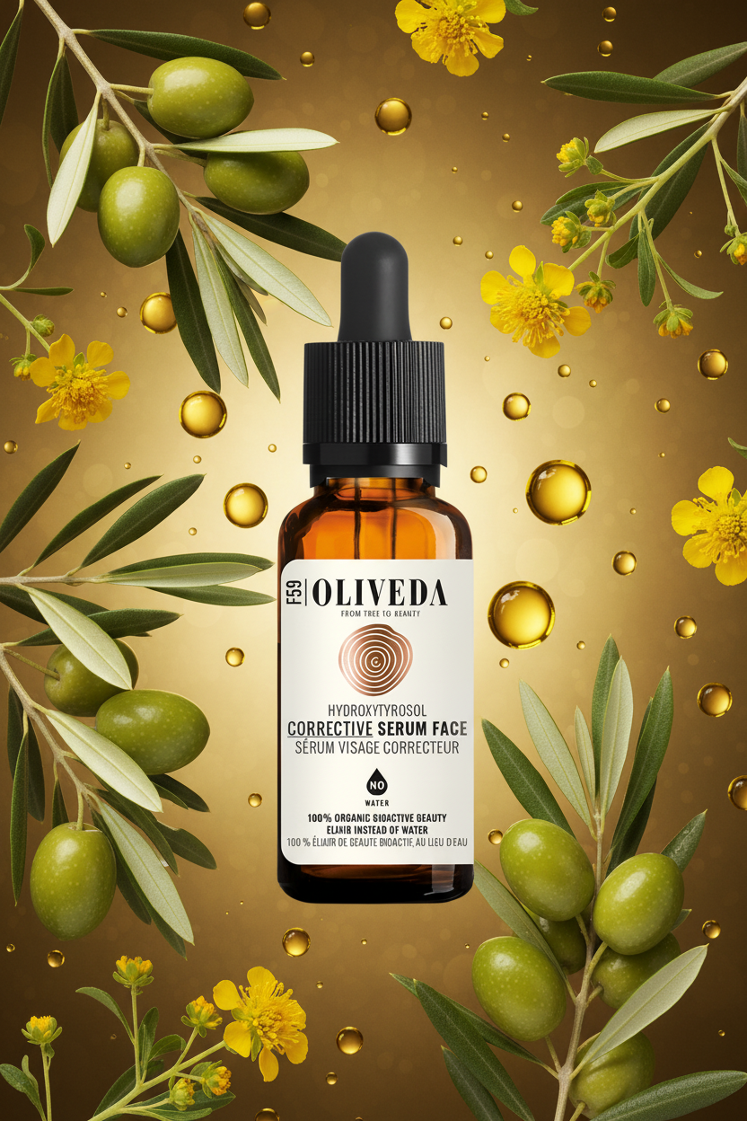 Oliveda hydroxycitric acid serum bottle with dropper on a white background